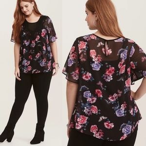 Torrid Floral Butterfly Print Cold Shoulder Blouse